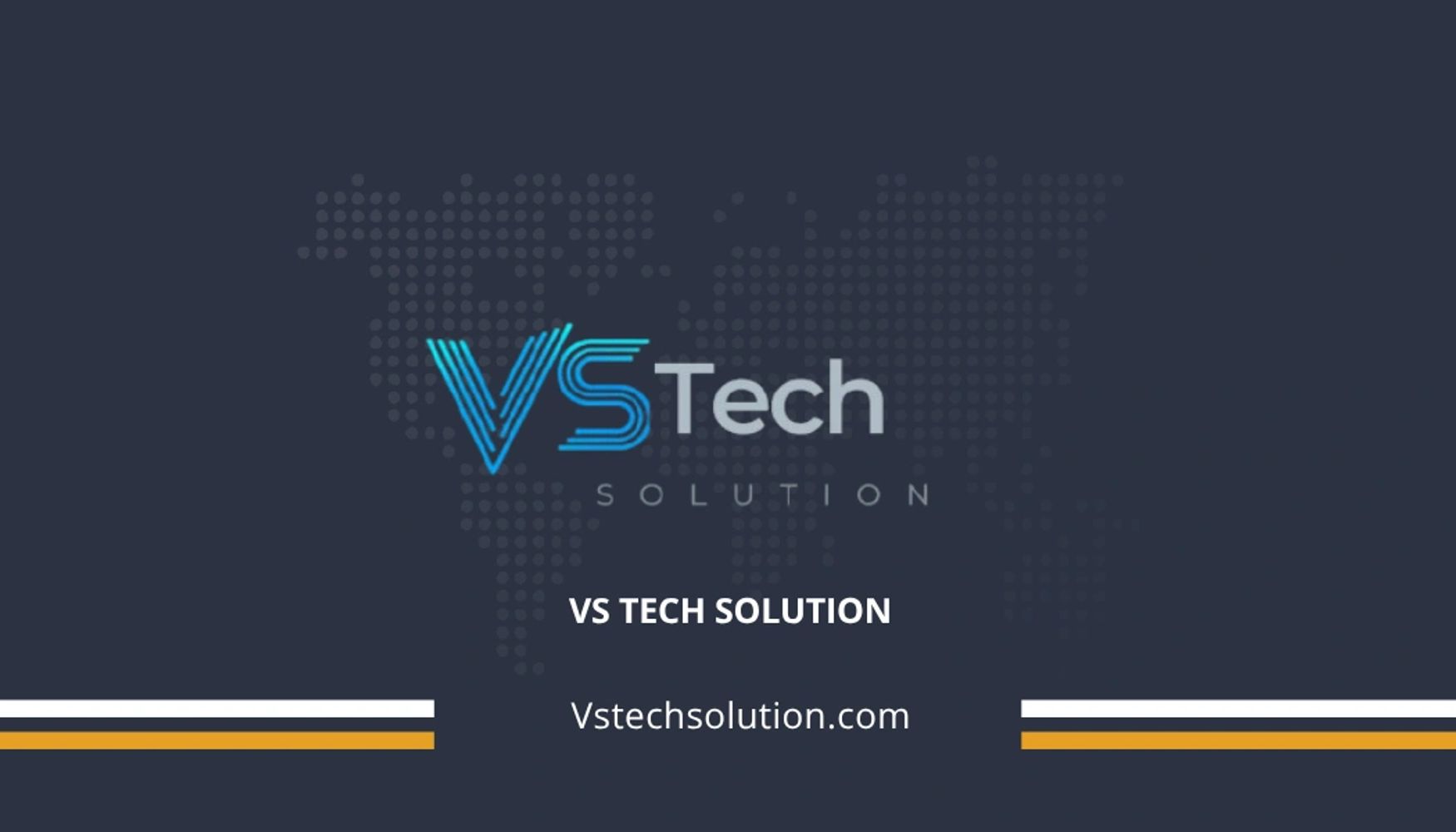 VS Tech Solution logo with web address on dark background and dotted world map.
