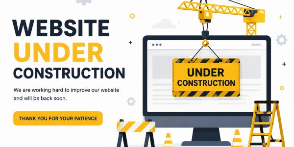 Website under construction with a warning sign and crane.