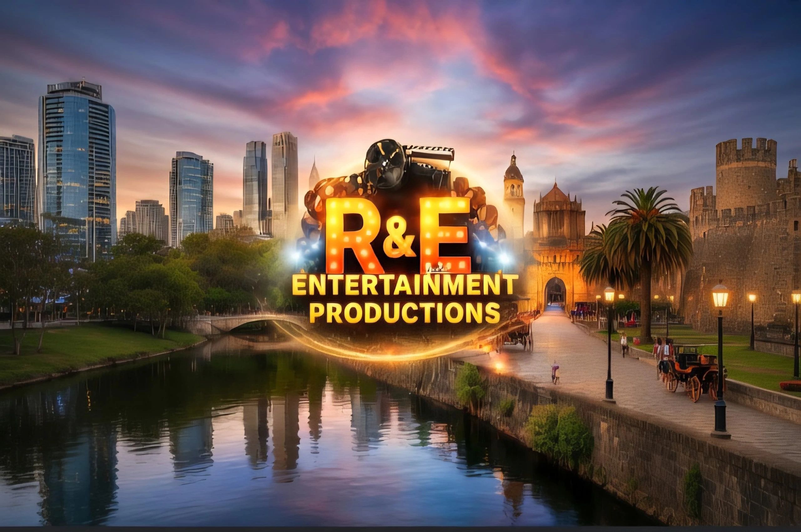 A vibrant logo of R&E Entertainment Productions over a cityscape at sunset.