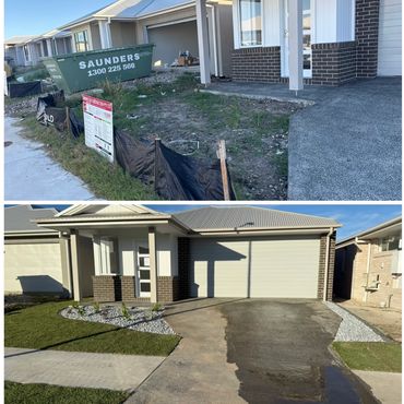 Two images showing a house before and after landscaping work.