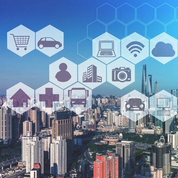 City skyline with tech and retail icons representing HeronEQ Capital investment sectors