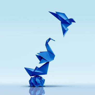 Origami birds stacked to represent small businesses with $1–5M EBITDA ready to scale