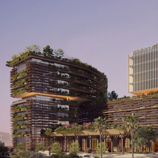 Modern eco-friendly building with greenery integrated.