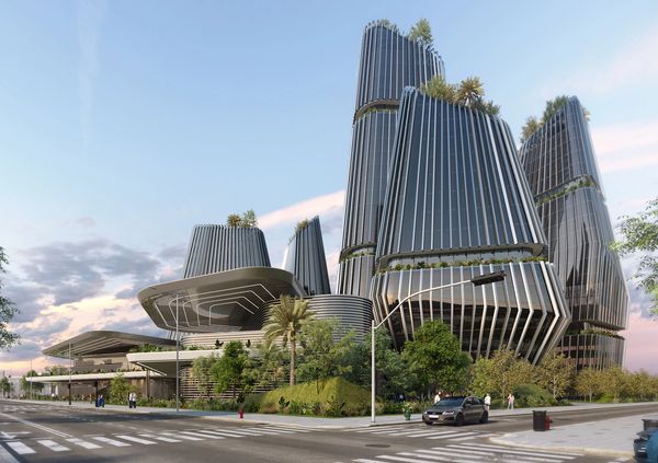Futuristic skyscrapers with greenery on terraces.