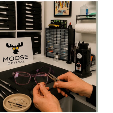 Technician repairing eyeglasses at Moose Optical workspace.