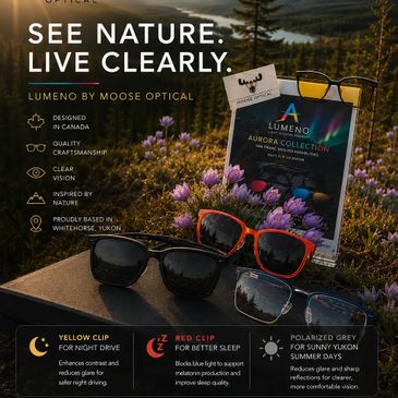 Advertisement showcasing LUMENO sunglasses with nature-inspired clarity and quality.