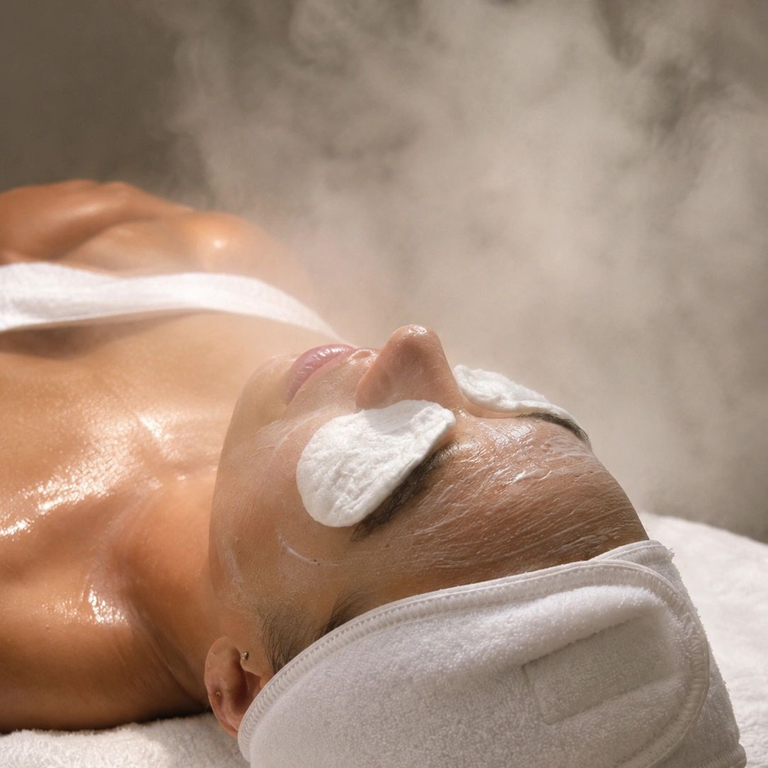 Person relaxing with facial treatment and steam.