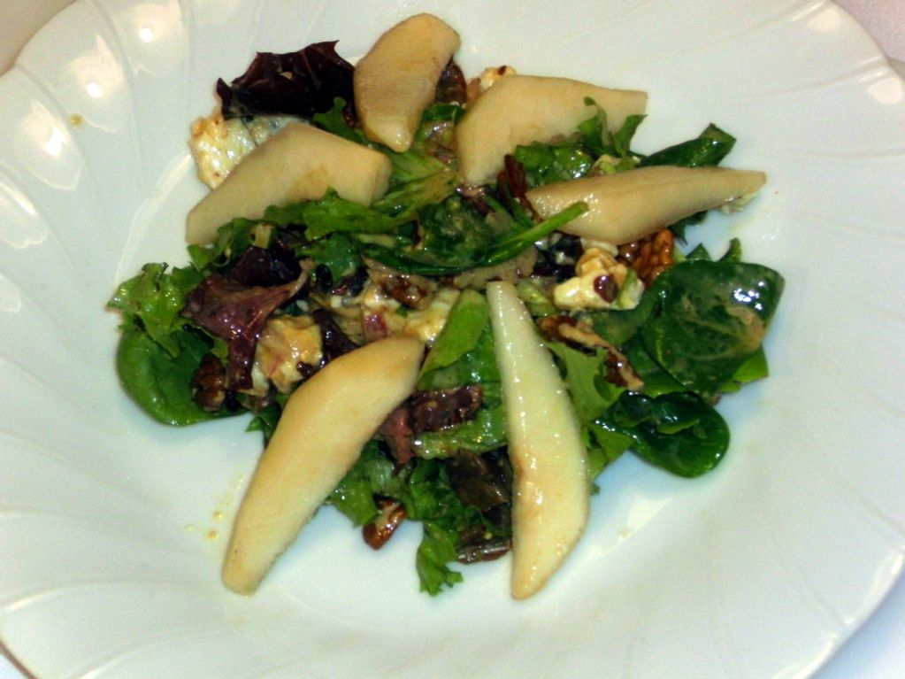 Pear Salad With Mixed Greens Gorgonzola Cheese and light champagne Vinaigrette