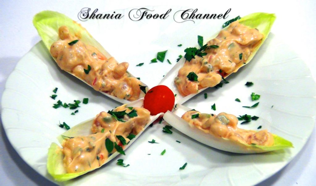 Endive with baby shrimp in aurora pink sauce