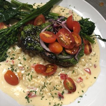 oz Pesto Crusted Filet of Beef  with 5 Cheese Macaroni 
and Charred Broccollini 