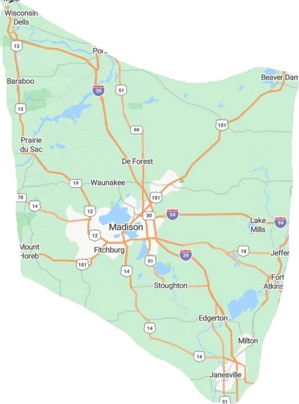 Map of service area showing madison, fitchburg, monona, middleton, stoughton, evansville, baraboo, a