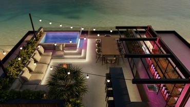 Modern outdoor lounge with pool, dining area, bar, and string lights over water.