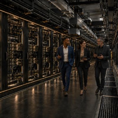 Three professionals walking in a server room.