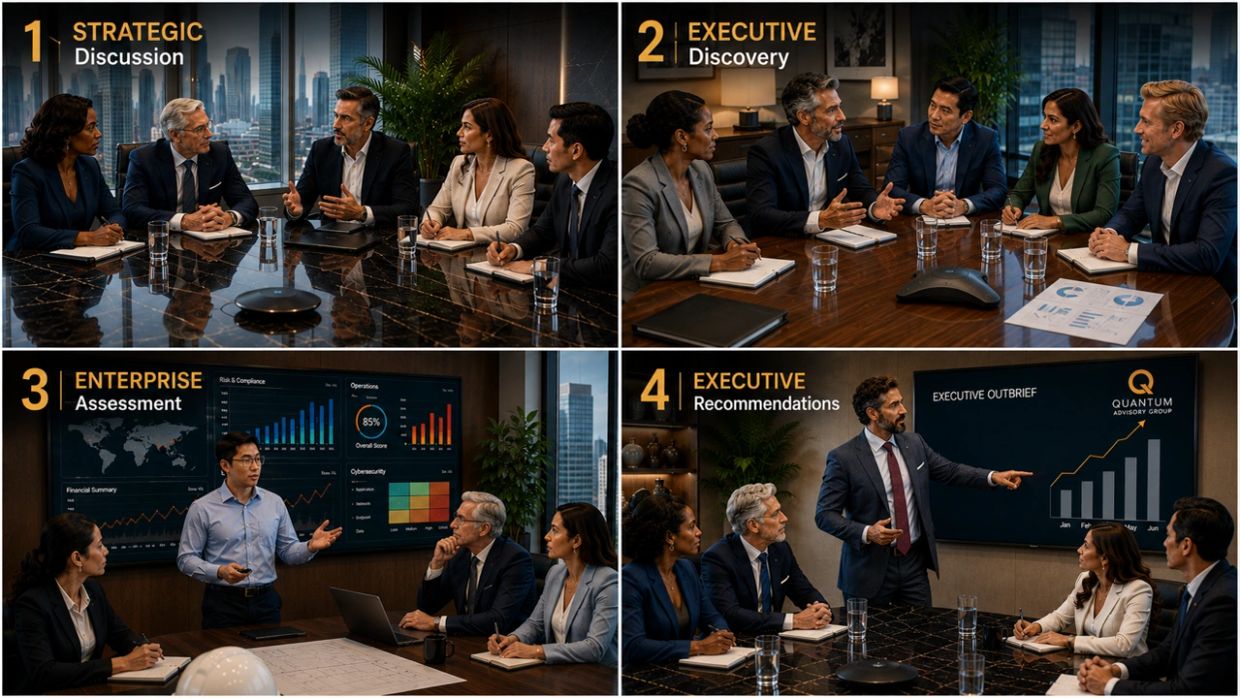 Four business meetings showing strategic discussion, executive discovery, enterprise assessment, and recommendations.