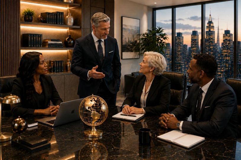 Business meeting in a modern office with city view.