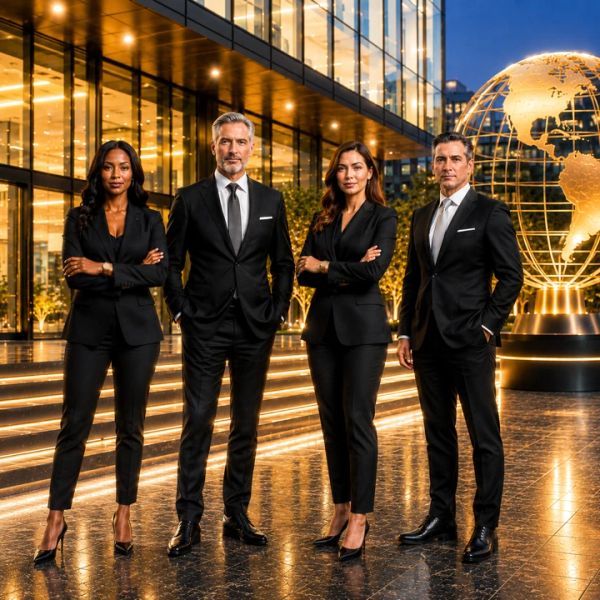 Four professionals in black suits standing confidently outside a modern office building at night.