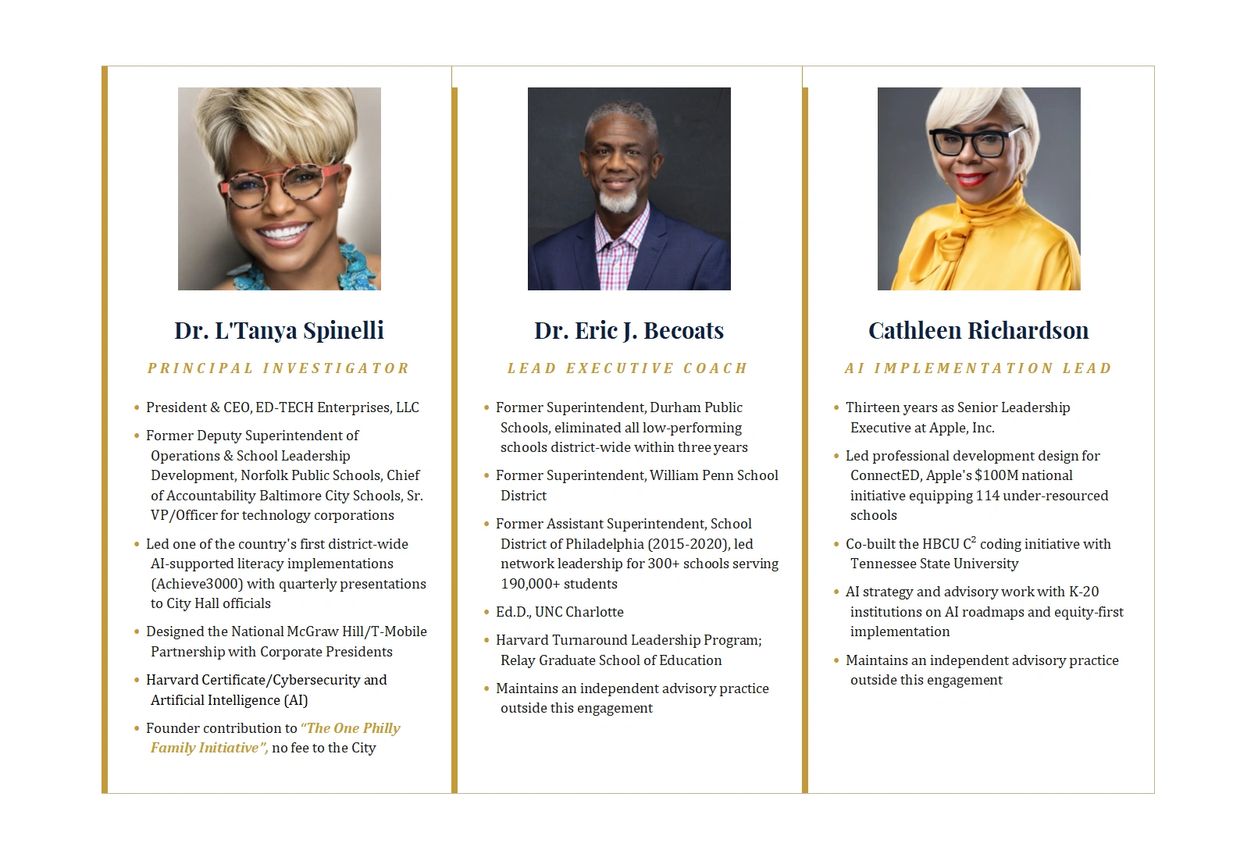 Profiles of Dr. L'Tanya Spinelli, Dr. Eric J. Becoats, and Cathleen Richardson with their professional roles and achievements.