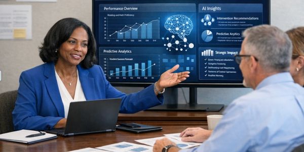 A businesswoman presents AI-driven analytics to colleagues in a meeting room.