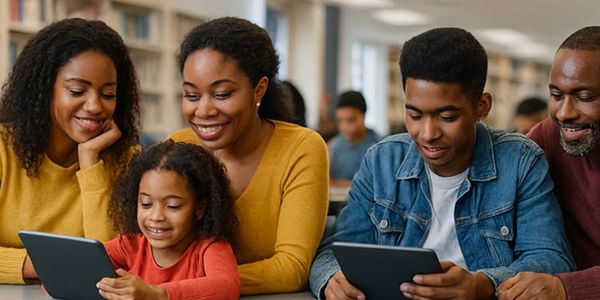 Family enjoying learning together on tablets in a library.