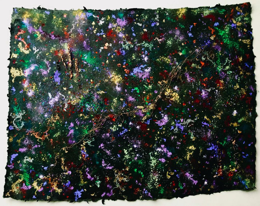 abstract Universe, mixed media,  art & science, handmade paper, sopper elements