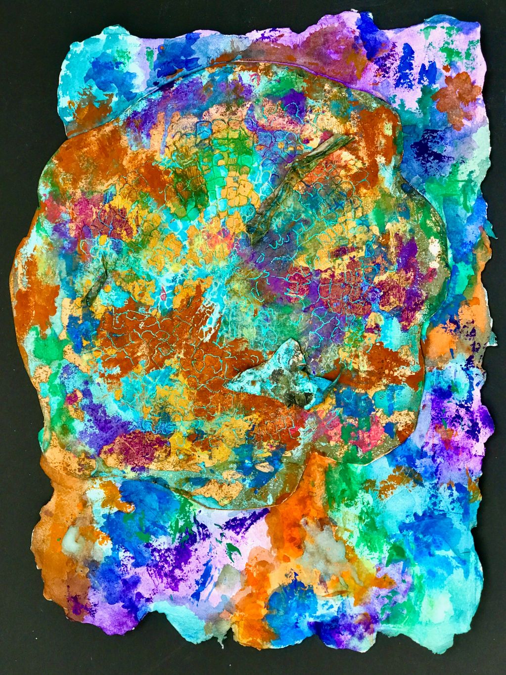 A copper plate with irregular copper perimeter printed with etching  ink for the the drypoint and co