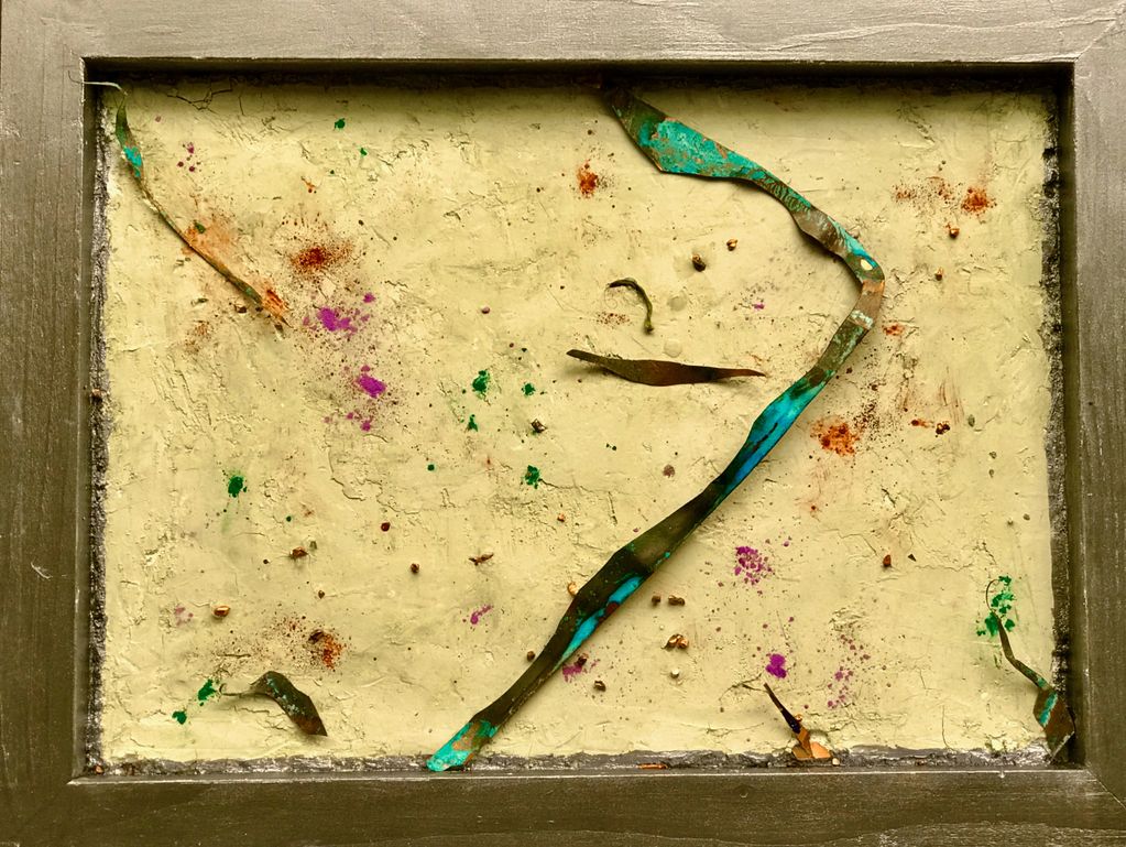 This fresco is a companion piece to the previous fresco.Copper fragments are coated with verdigris.