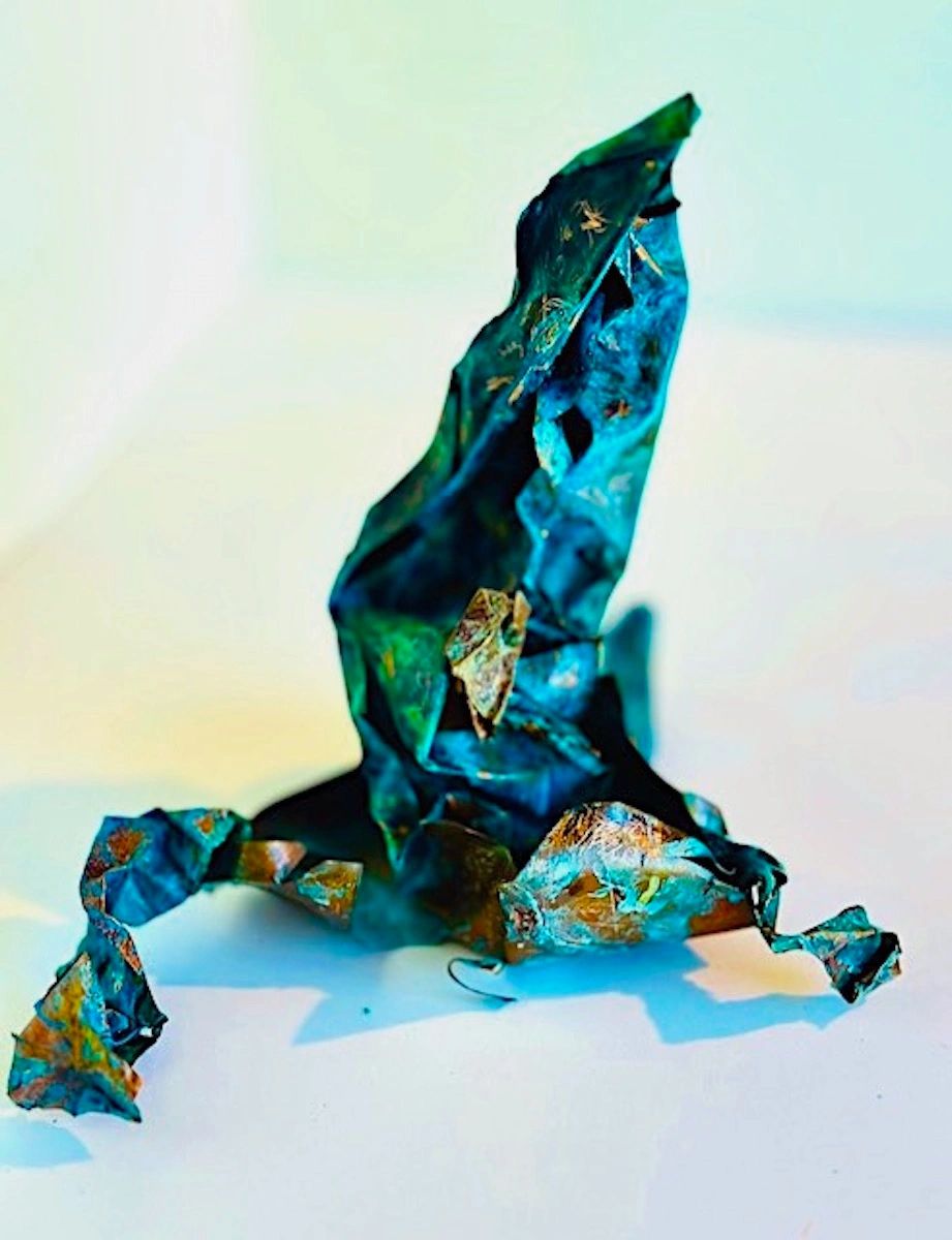 VERDIGRIS COPPER SCULPTURE #1 -  Verdigris copper foil & verdigris copper plate 10" H, 7" W, 6" D.jp