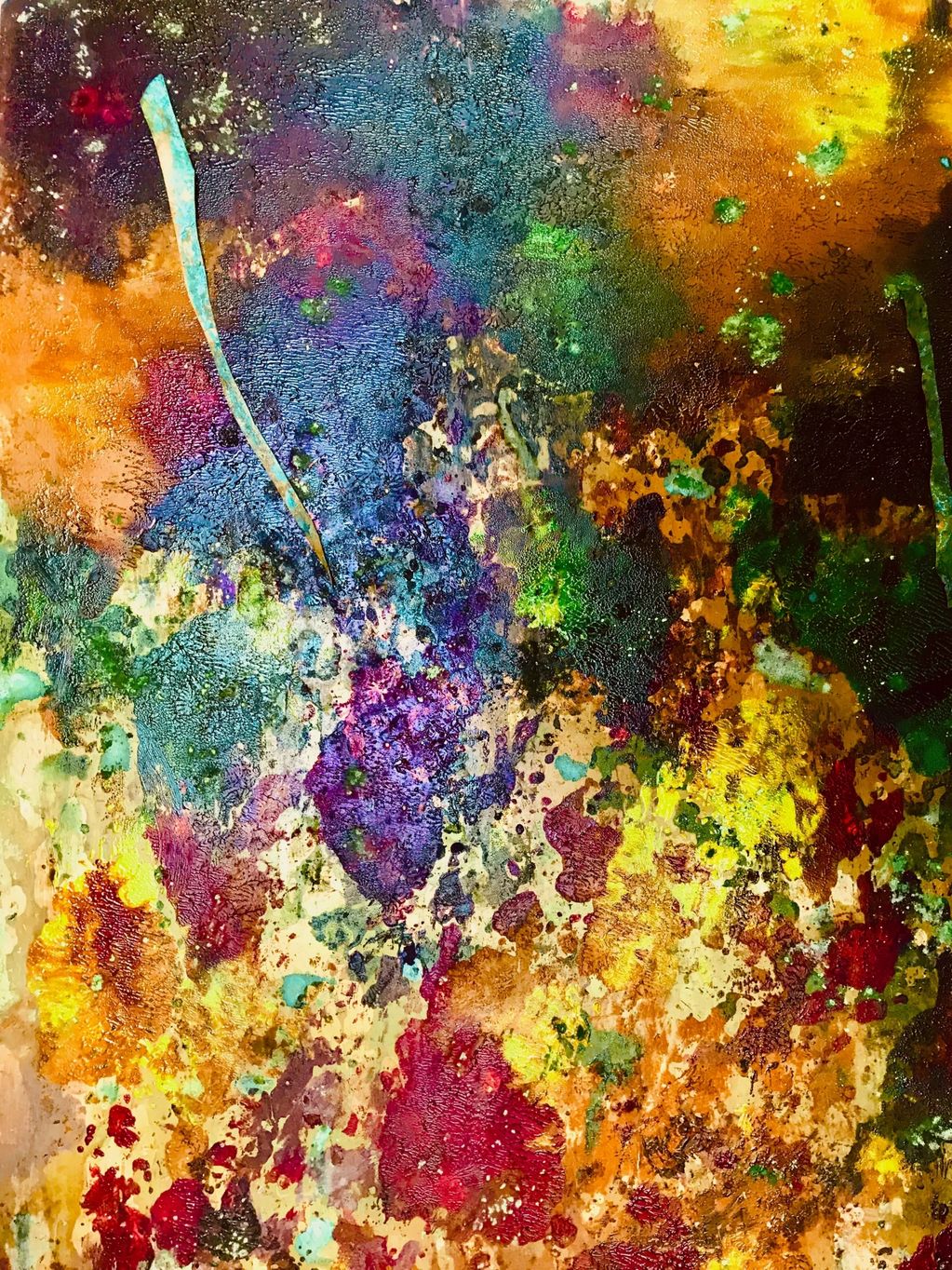 Verdigris coated copper etching plate printed with  etching inks and an attached verdigris coated co