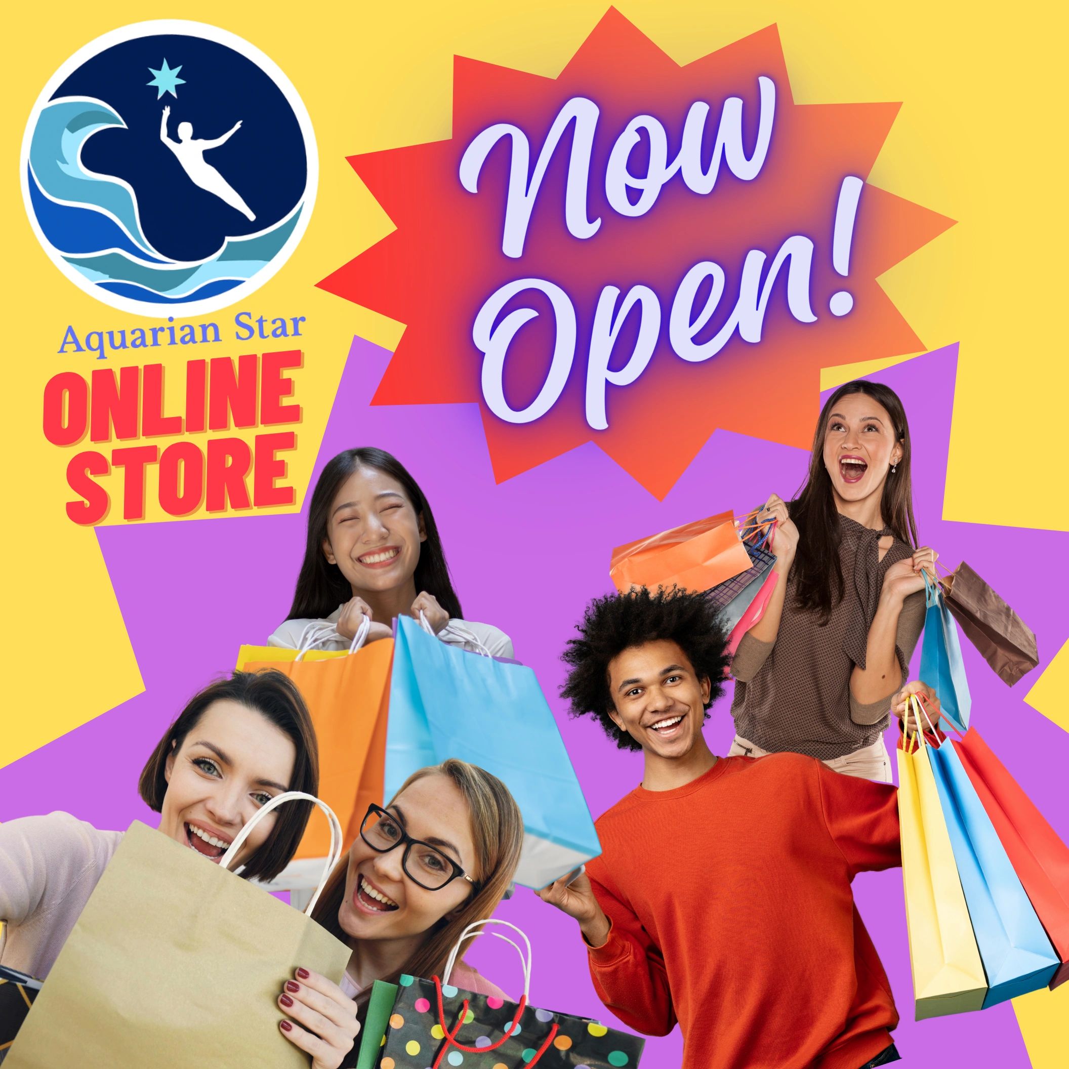 Happy shoppers holding colorful bags in a vibrant store opening ad.