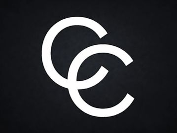 Two intertwined white letter C's on a black background.