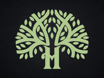 Green tree design with letter M on black background.