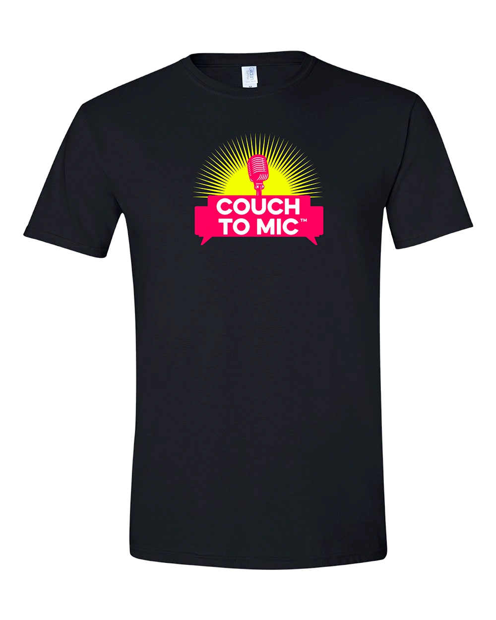 Black short sleeve T-shirt with yellow and pink logo.