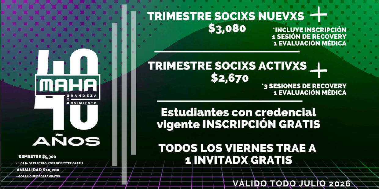 Promoción de membresías con precios y beneficios para nuevos y activos.