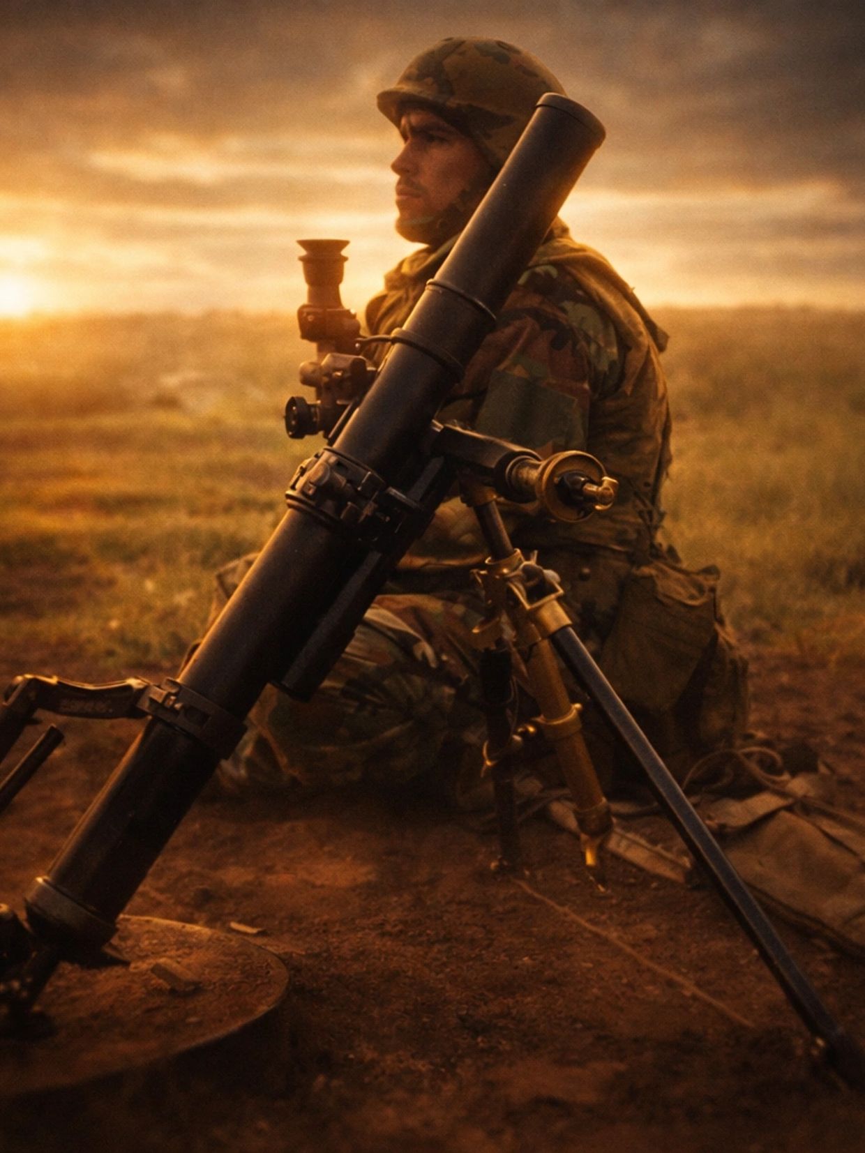 Soldier with mortar weapon at sunset.