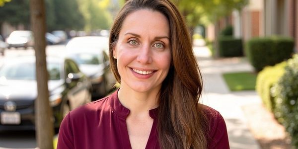 Smiling woman with long brown hair outdoors on a sunny day.