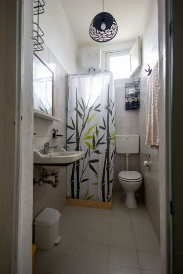 Small bathroom with bamboo-themed shower curtain and basic fixtures.