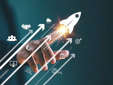Hand launching rocket icon symbolizing business growth and success.