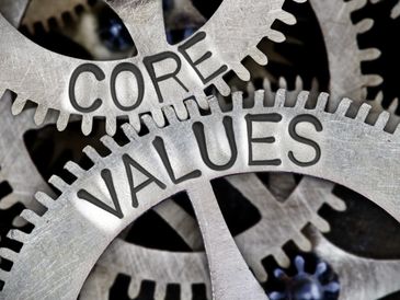 Close-up of interlocking metal gears labeled 'Core Values'.
