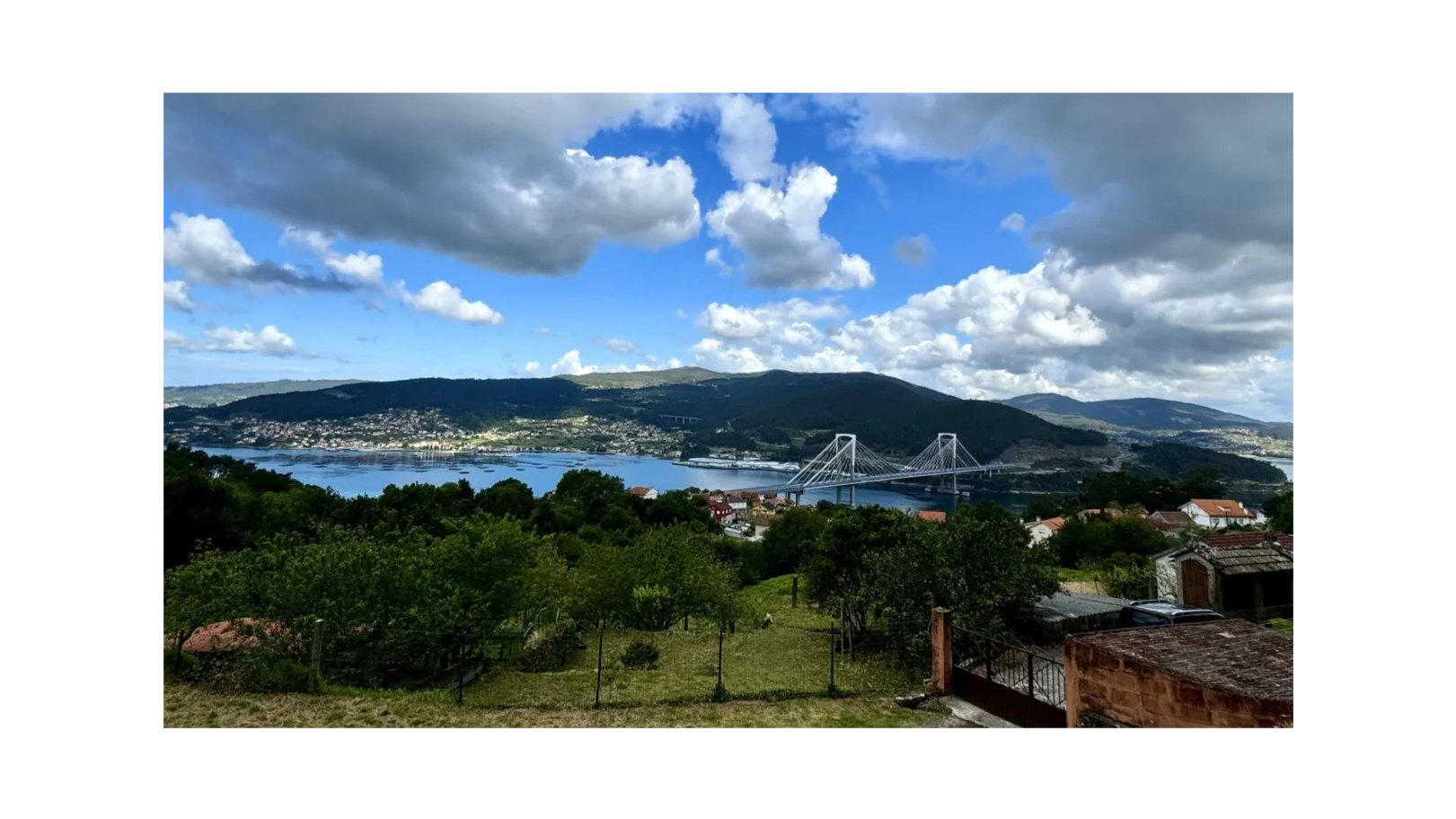 A hilltop view voer the river estuary and a cable-stayed bridge under the clouds.