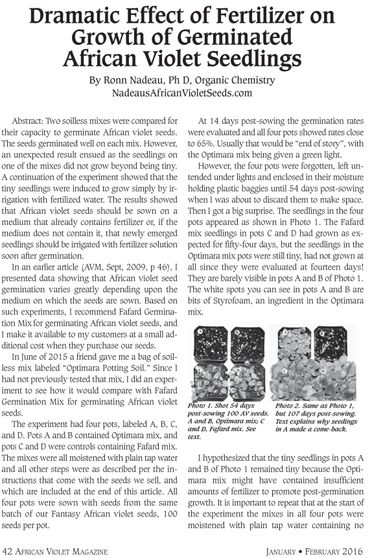 An infographic about the dramatic effects of fertilizer on African violet seedling growth