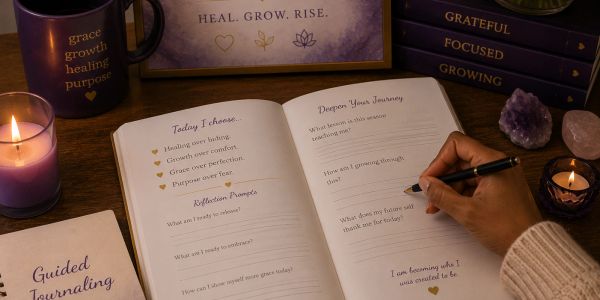 Person writing in a guided journal surrounded by candles and books.