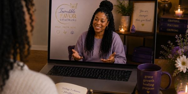 Virtual coaching session with a smiling woman.