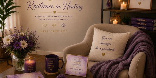 Cozy healing corner with inspirational messages and candles.