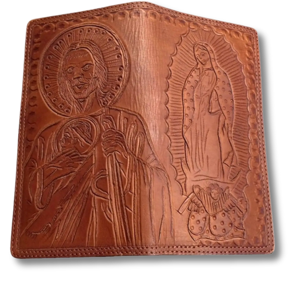 Hand-tooled leather wallet depicting Saint Joseph and the Virgin of Guadalupe—timeless artistry.