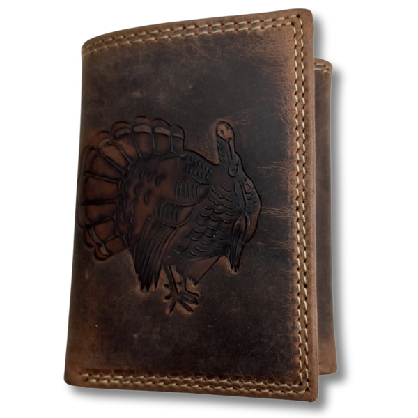 Showcase your love for the outdoors with this turkey-embossed leather wallet from Western Craft USA