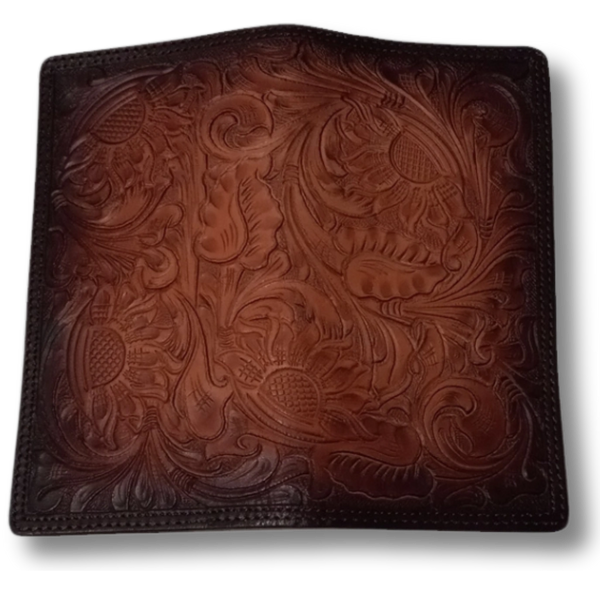 Discover timeless western style with this intricately hand-tooled leather wallet from Western Craft