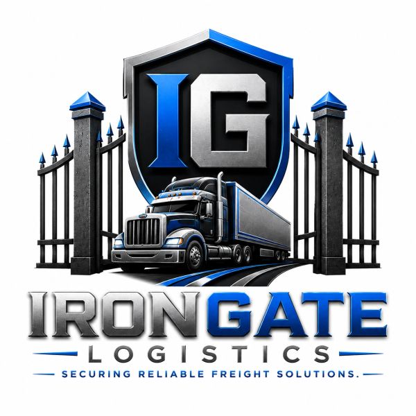 Logo of IronGate Logistics featuring a truck and gate symbol.