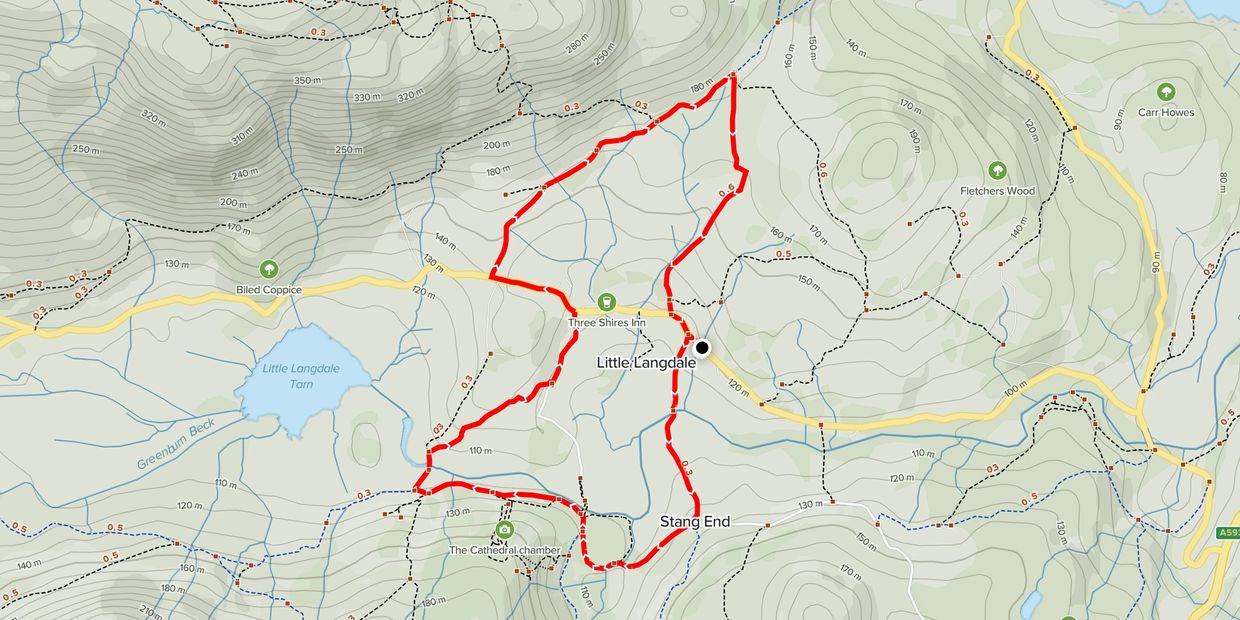 Map showing a hiking route around Little Langdale.