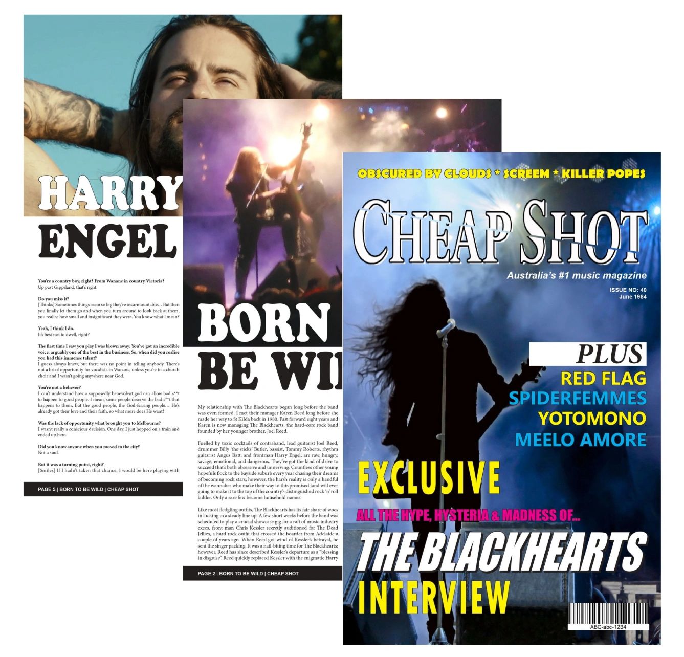 The cover of Cheap Shot music magazine and two interior pages with colour photos and the interview.