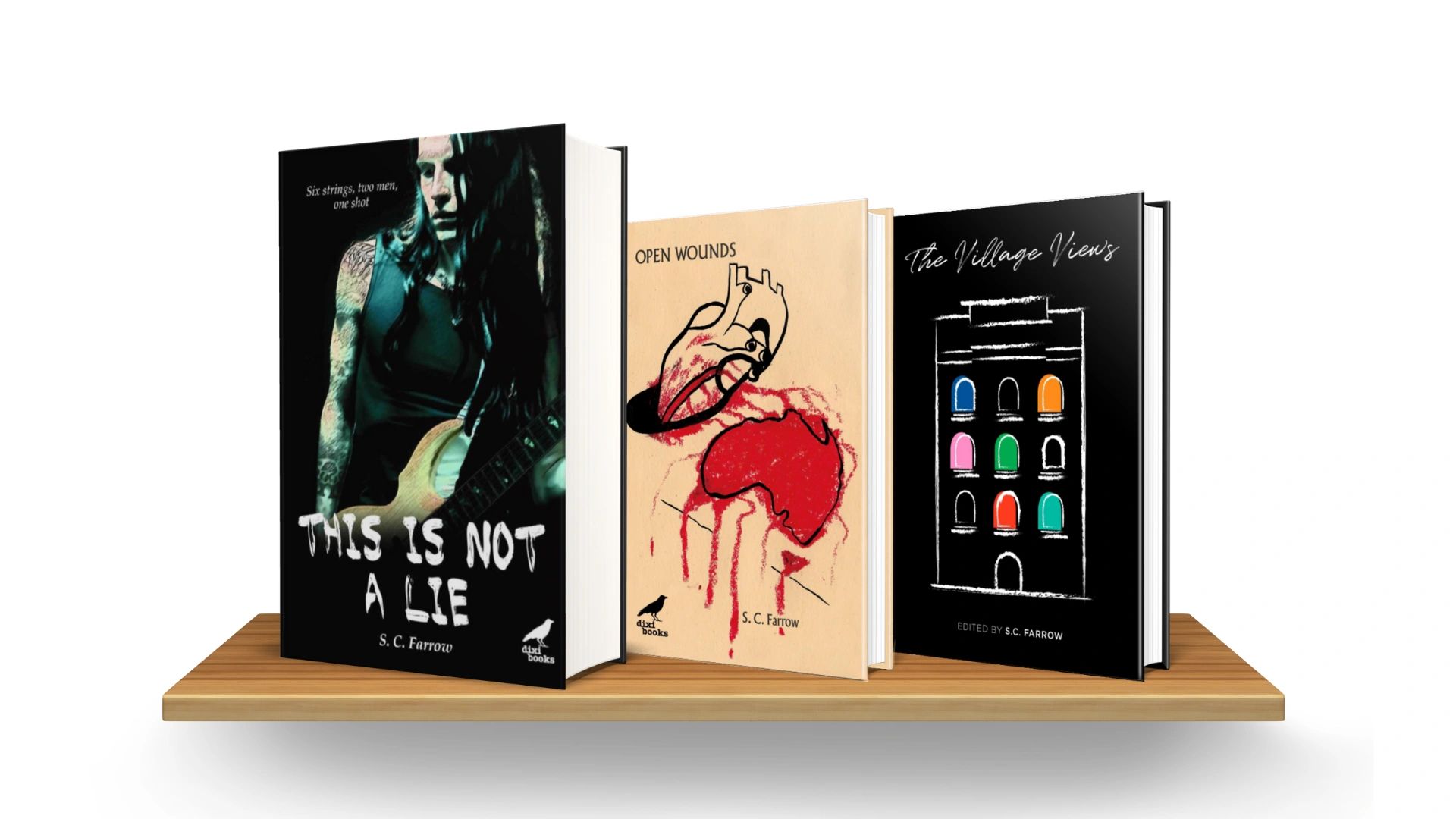 Three books written by S.C. Farrow displayed on a wooden bookshelf.